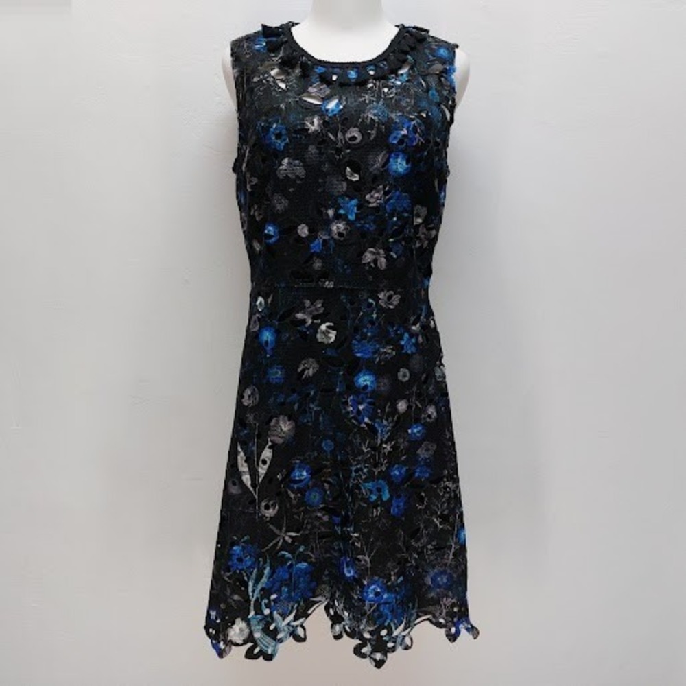 Elie Tahari Floral Lace Dress Women's 8 Black Blue Embroidered Tassel Cocktail